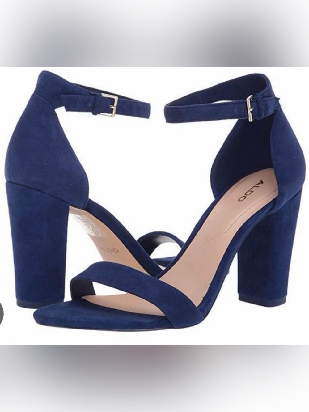USED ALDO blue suede ankle-strap block heels